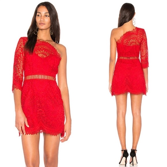 Saylor Pippa One Shoulder Dress Red XS Lace Mini Cocktail Sheer 3/4 Sleeve - Picture 1 of 16